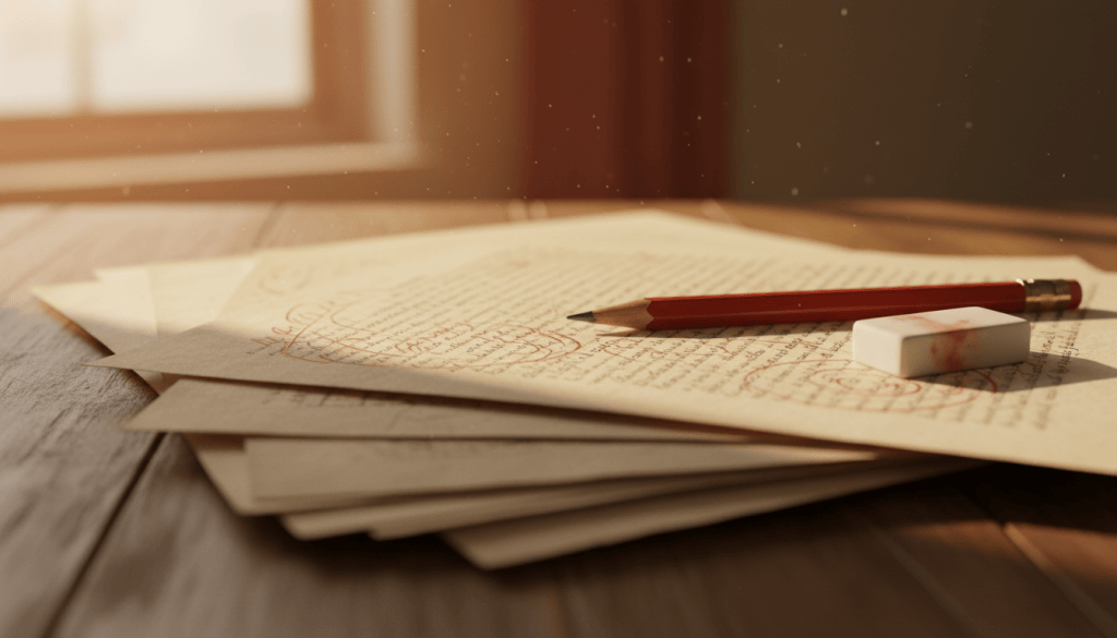 Printed pages with red pencil edit marks beside a red pencil on a wooden desk