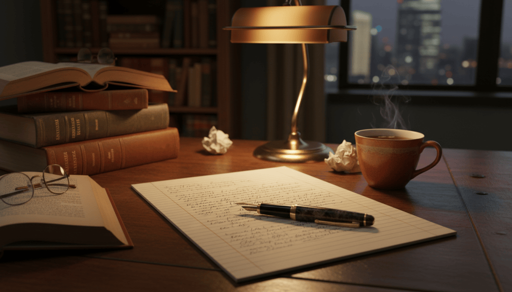 Fountain pen on a legal pad with crossed-out handwriting under a warm desk lamp beside law books
