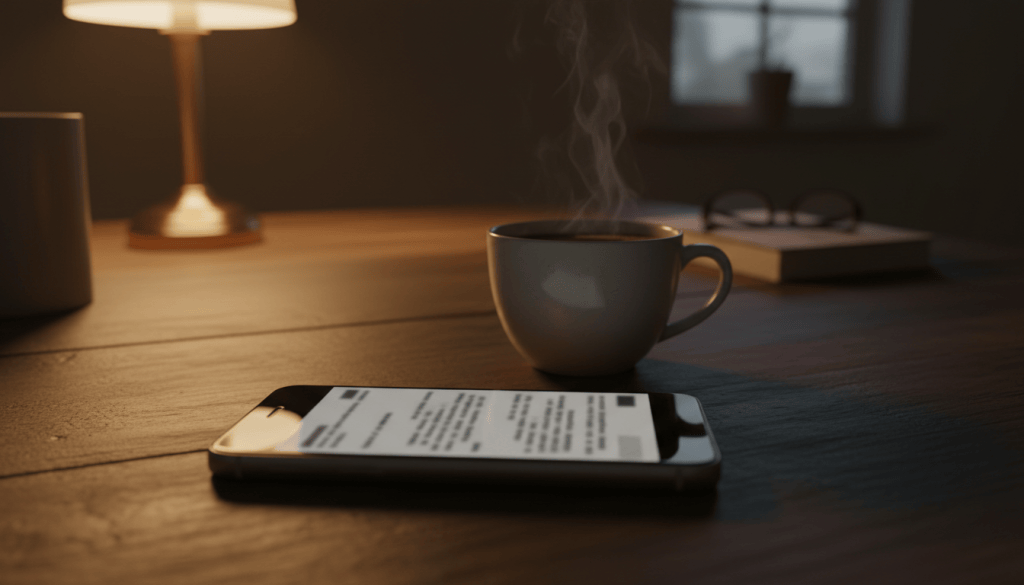 Smartphone on a kitchen table at night showing a blurred article beside a cup of coffee
